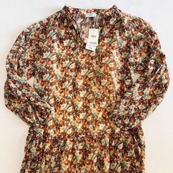 NWT Mango floral print mini dress Women's 4 orange brown loose ruffle boho - Picture 3 of 10